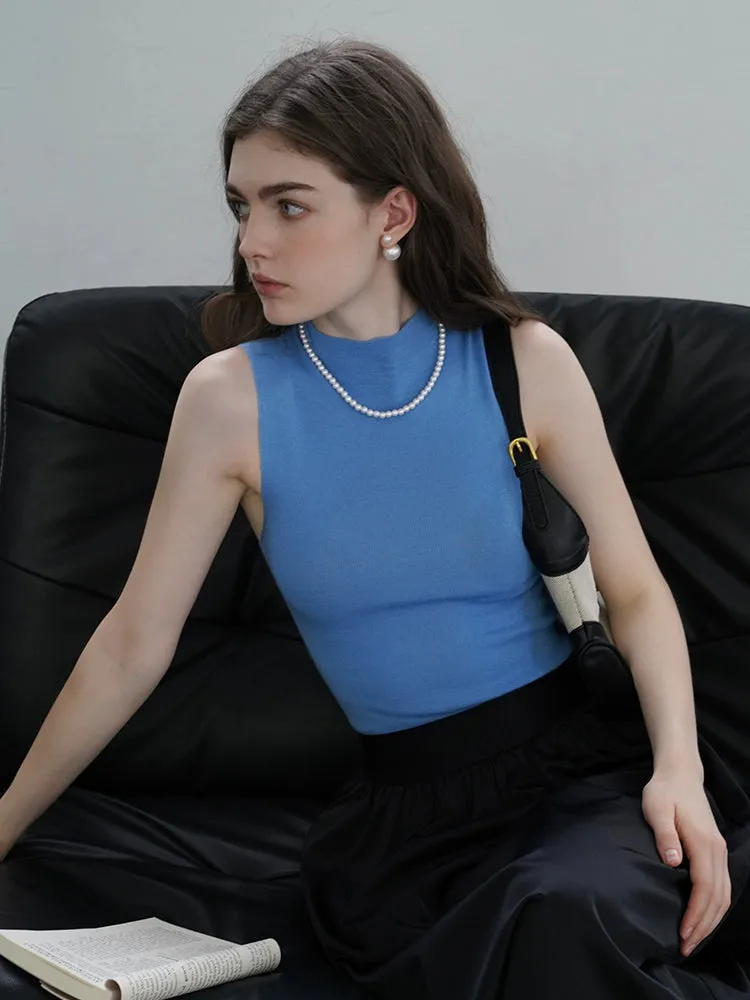 French Semi-High Neck Wool Knit Seamless Blue Tank Top