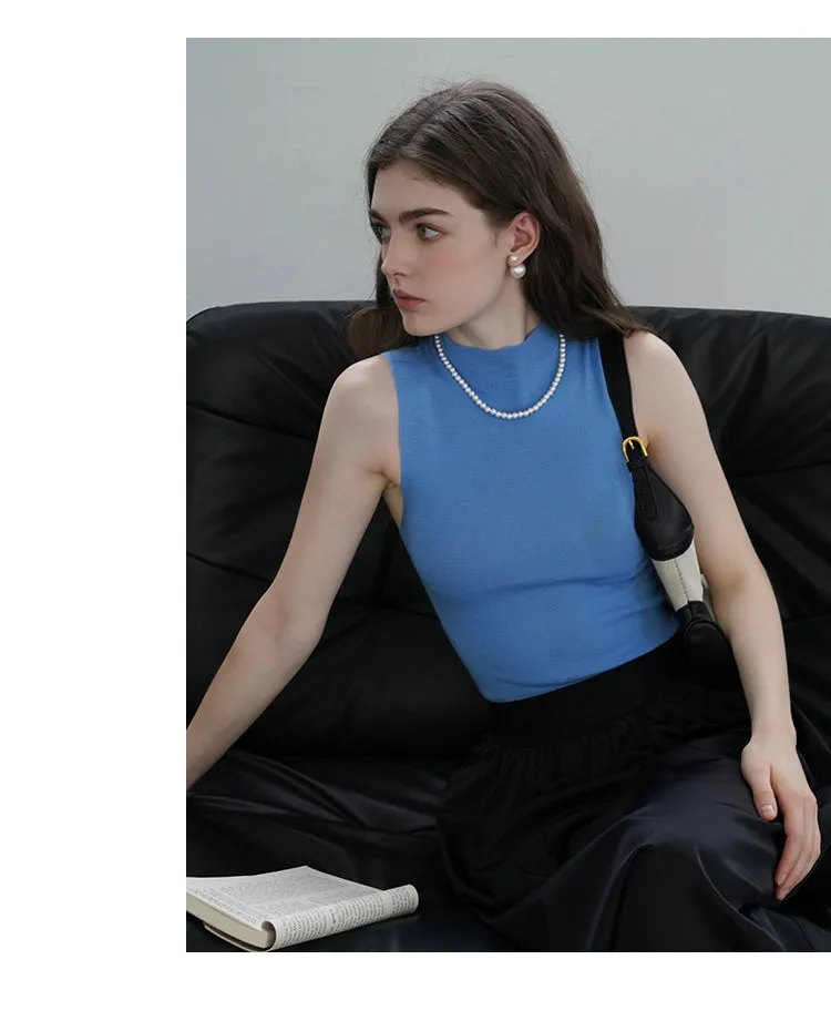 French Semi-High Neck Wool Knit Seamless Blue Tank Top