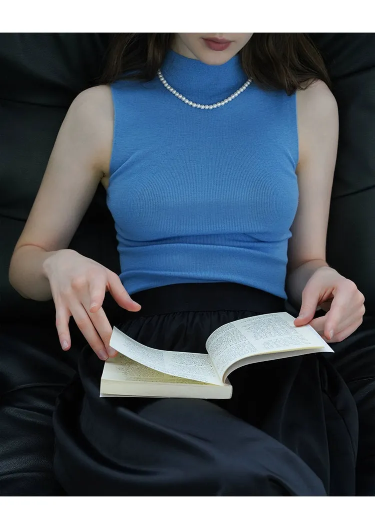 French Semi-High Neck Wool Knit Seamless Blue Tank Top