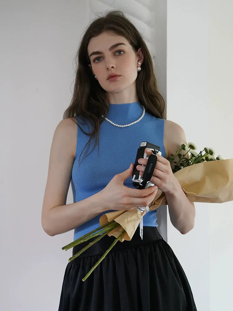 French Semi-High Neck Wool Knit Seamless Blue Tank Top