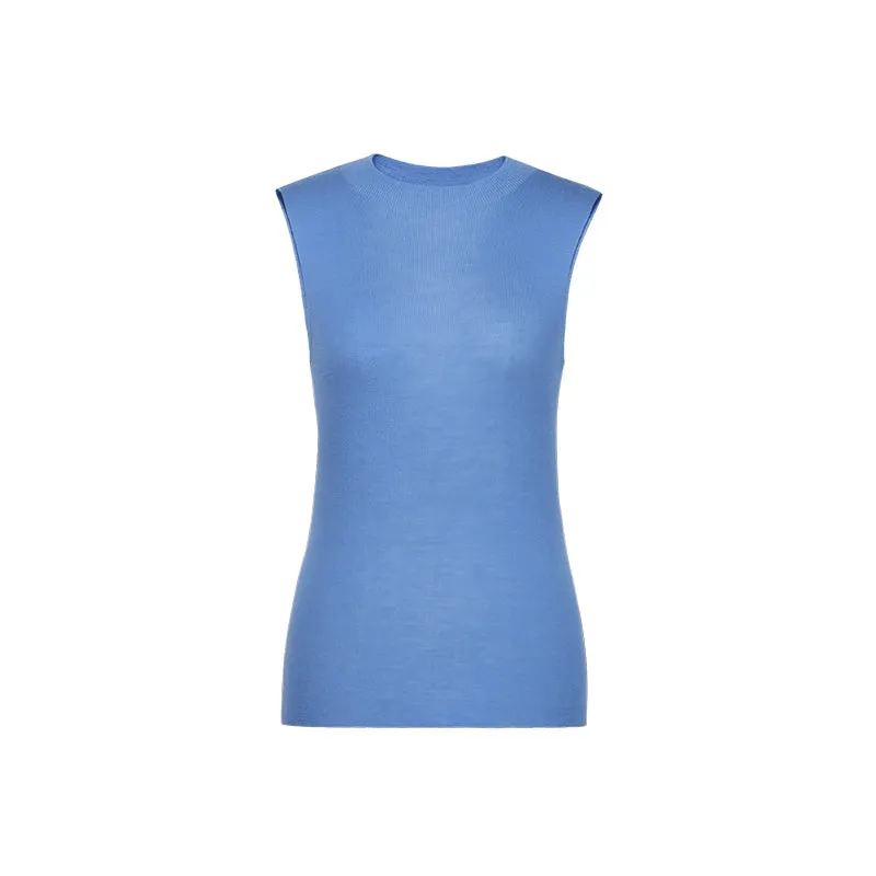 French Semi-High Neck Wool Knit Seamless Blue Tank Top