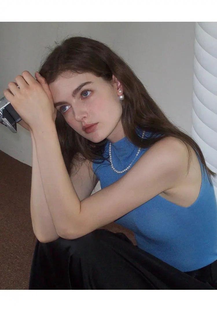 French Semi-High Neck Wool Knit Seamless Blue Tank Top