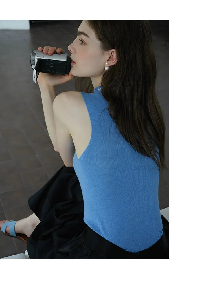 French Semi-High Neck Wool Knit Seamless Blue Tank Top