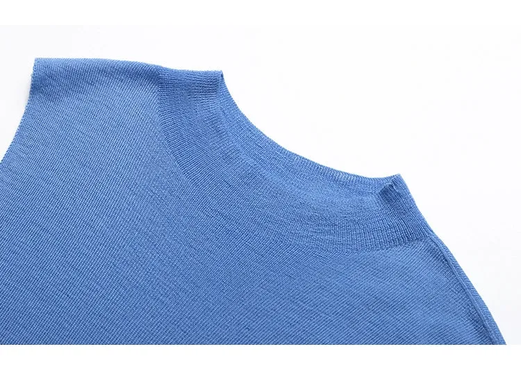 French Semi-High Neck Wool Knit Seamless Blue Tank Top