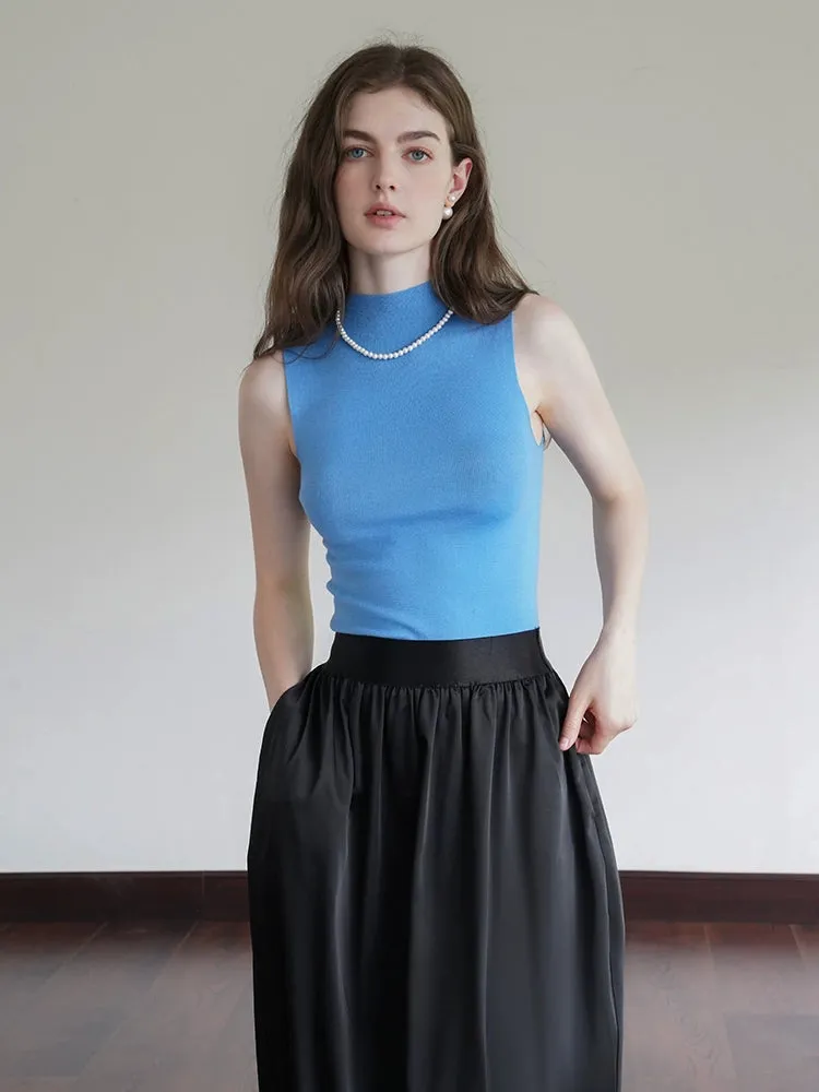 French Semi-High Neck Wool Knit Seamless Blue Tank Top