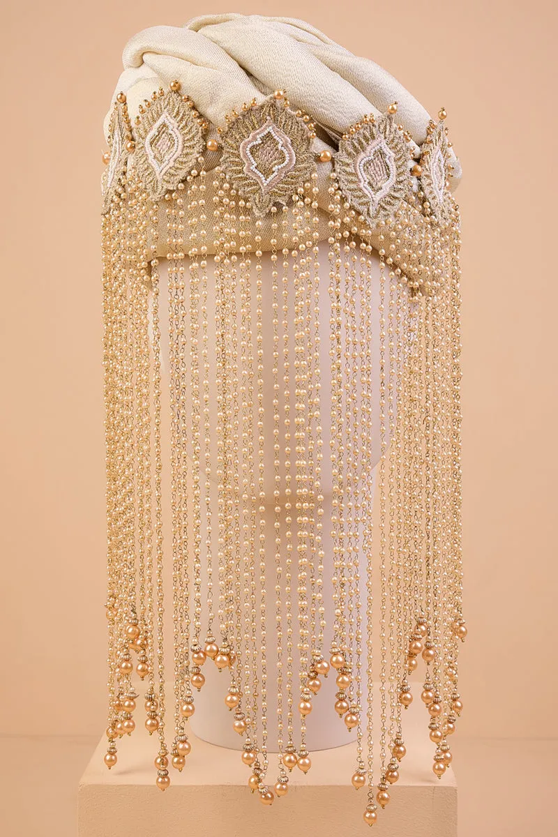 Gold Embroidered Sehra With Golden Drop Beads