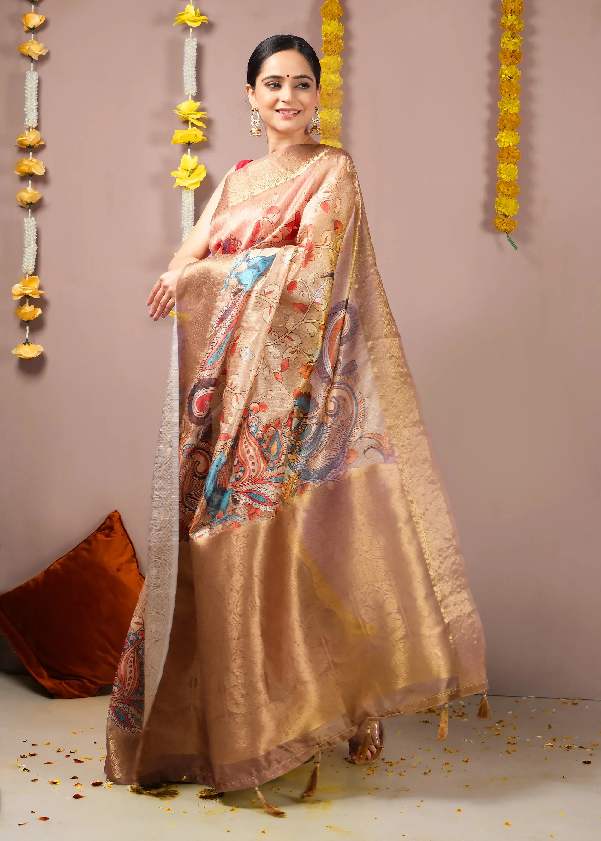 Golden Beige Peacock Motif Silk Saree