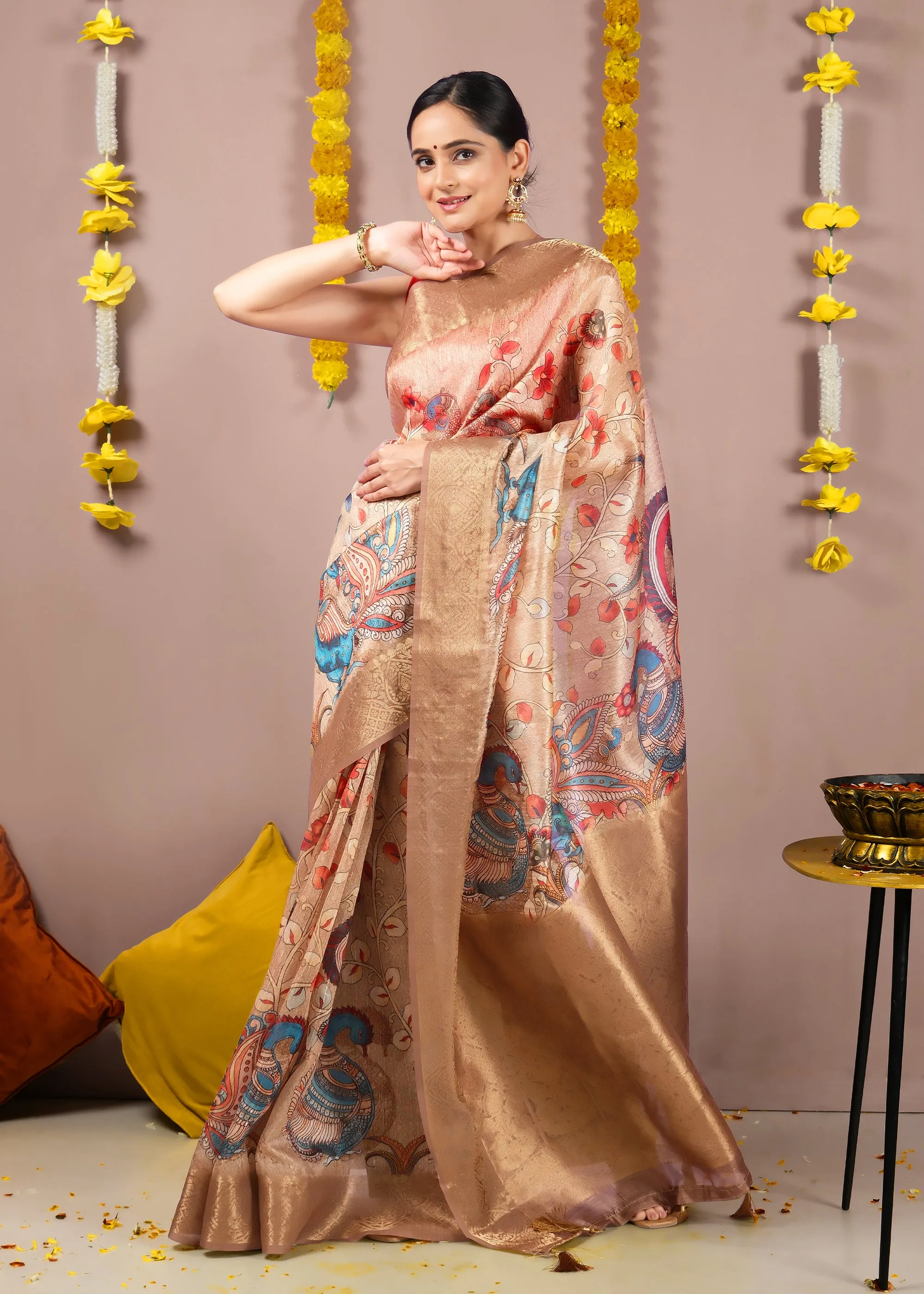 Golden Beige Peacock Motif Silk Saree