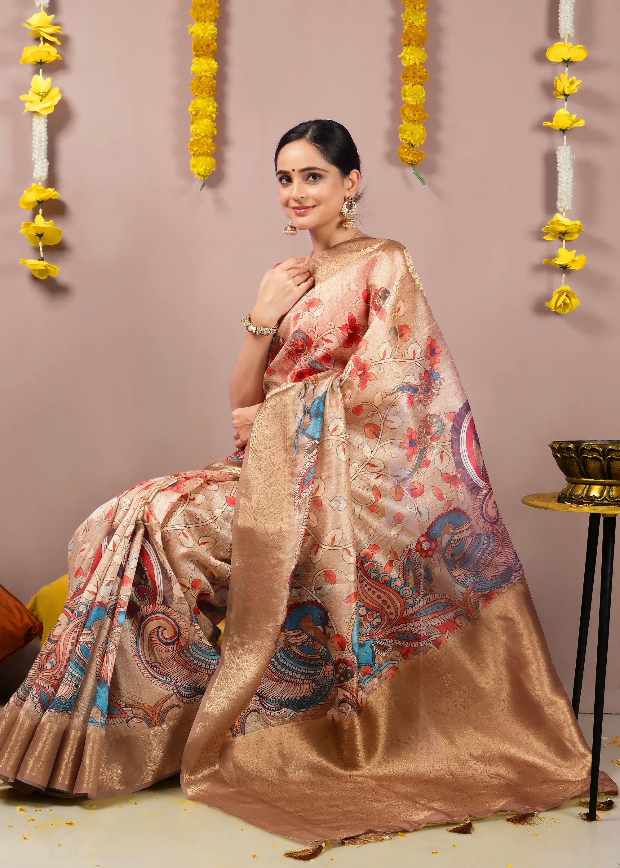 Golden Beige Peacock Motif Silk Saree