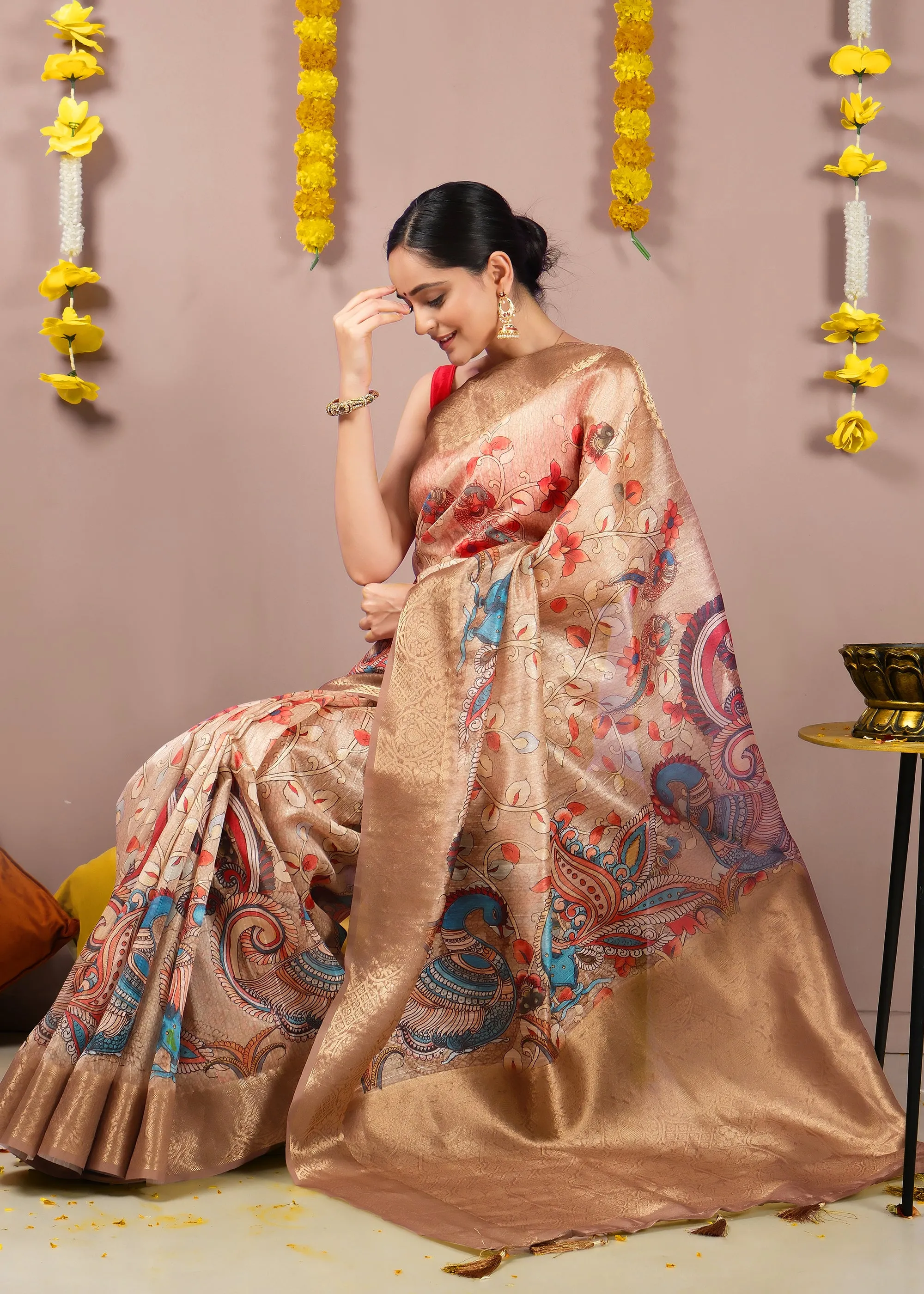 Golden Beige Peacock Motif Silk Saree