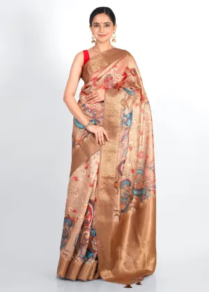 Golden Beige Peacock Motif Silk Saree