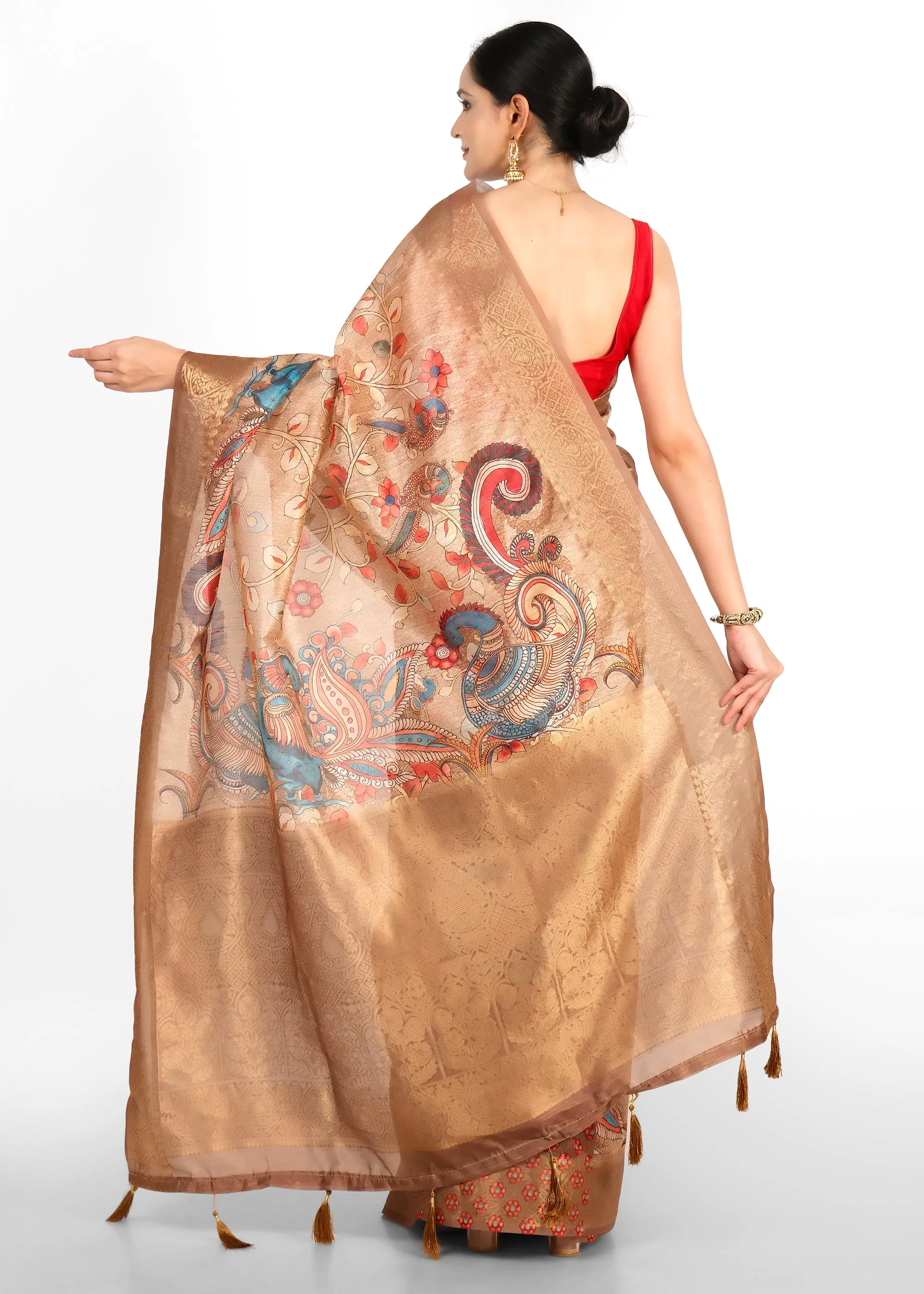 Golden Beige Peacock Motif Silk Saree