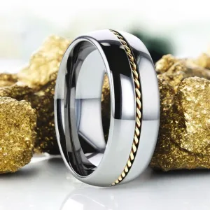 GOLDWYN | Silver Tungsten Ring, Braided 14k Gold Inlay, Domed