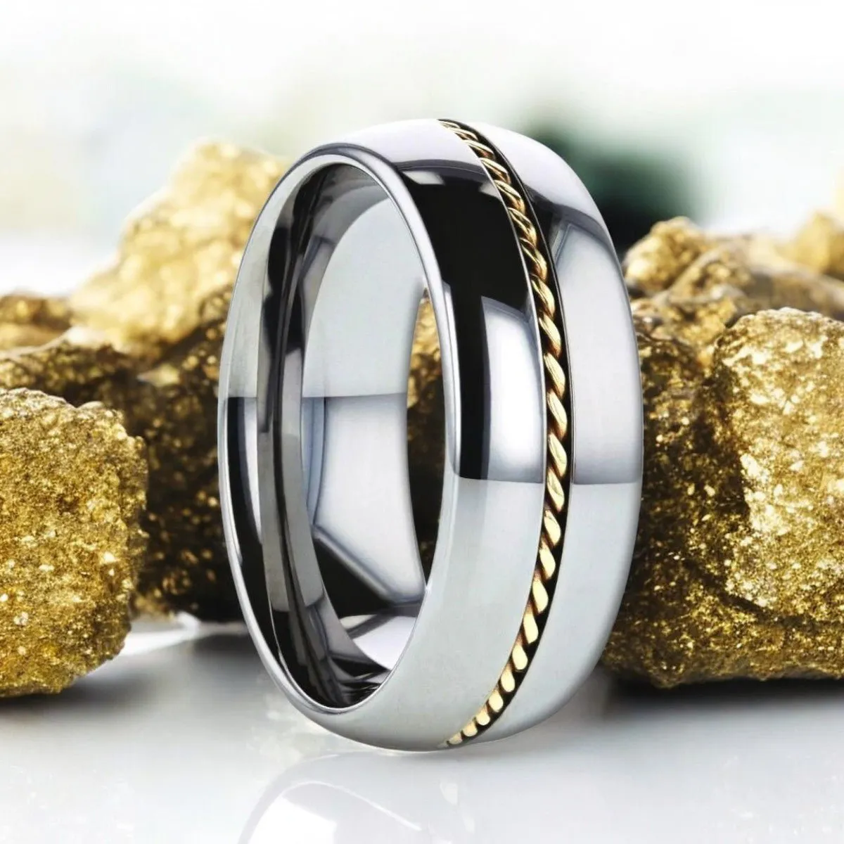 GOLDWYN | Silver Tungsten Ring, Braided 14k Gold Inlay, Domed