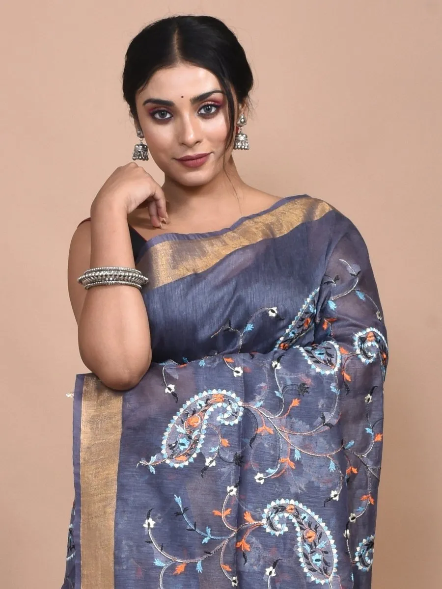 Grey Linen Saree with Kolki Design Machine Embroidery and Golden Zari Border