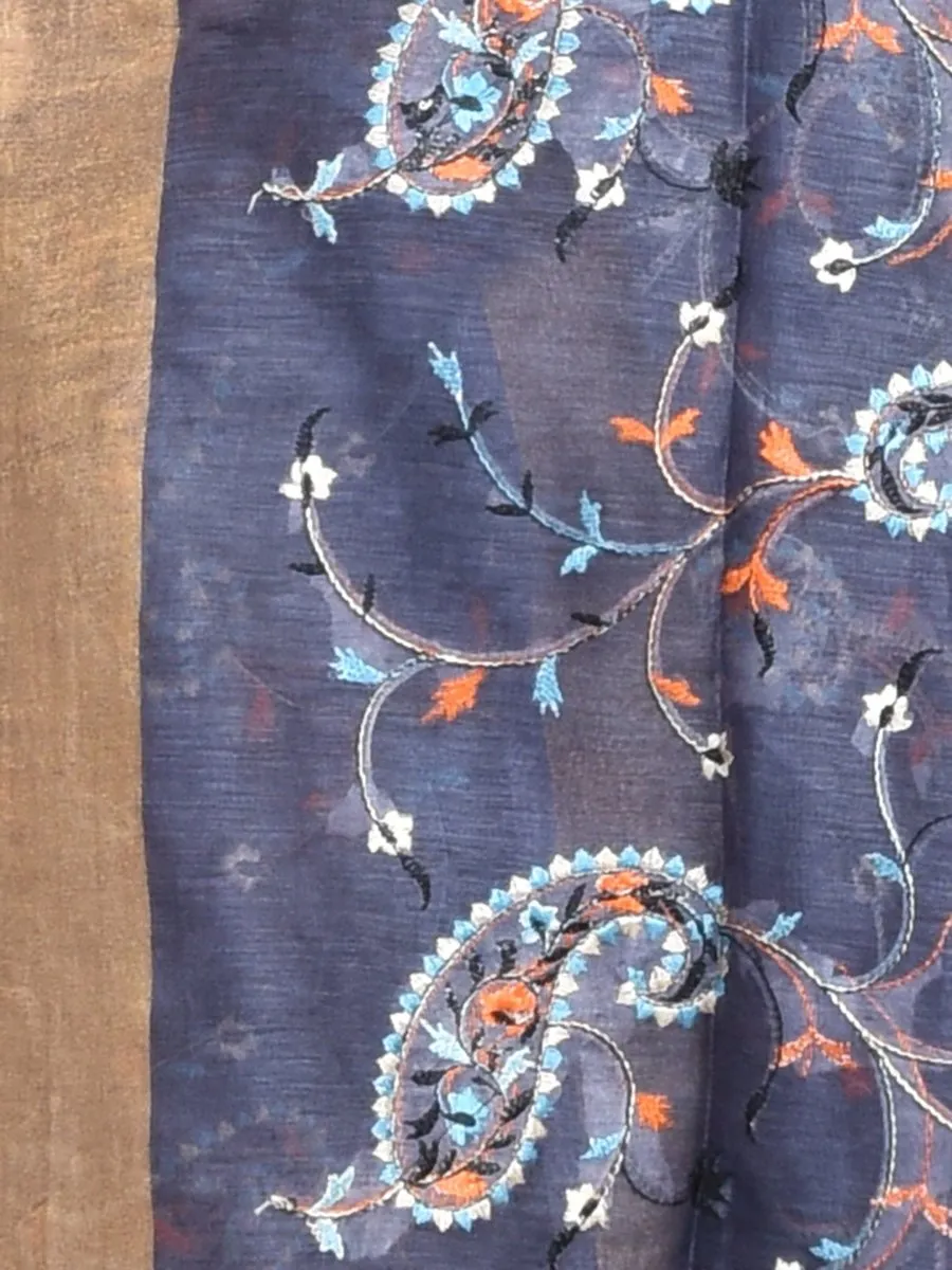 Grey Linen Saree with Kolki Design Machine Embroidery and Golden Zari Border