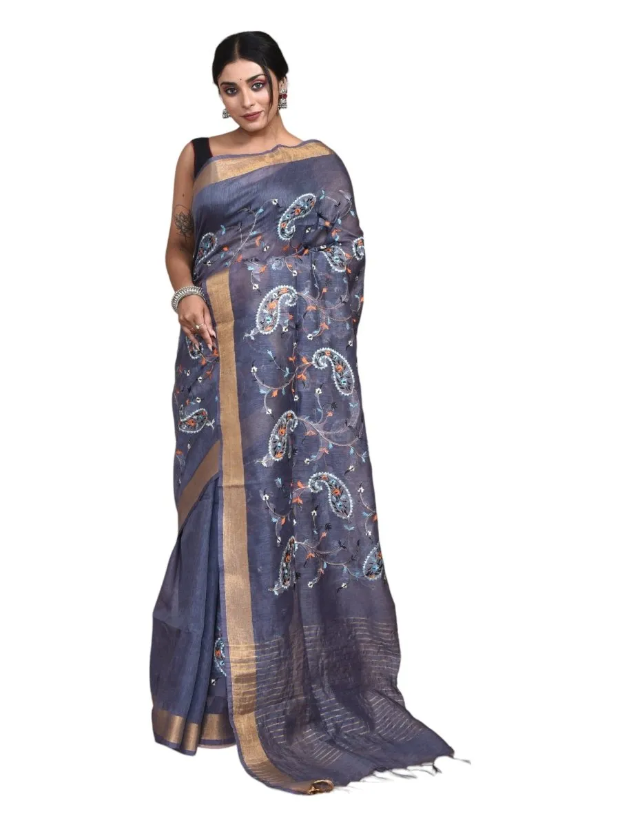 Grey Linen Saree with Kolki Design Machine Embroidery and Golden Zari Border