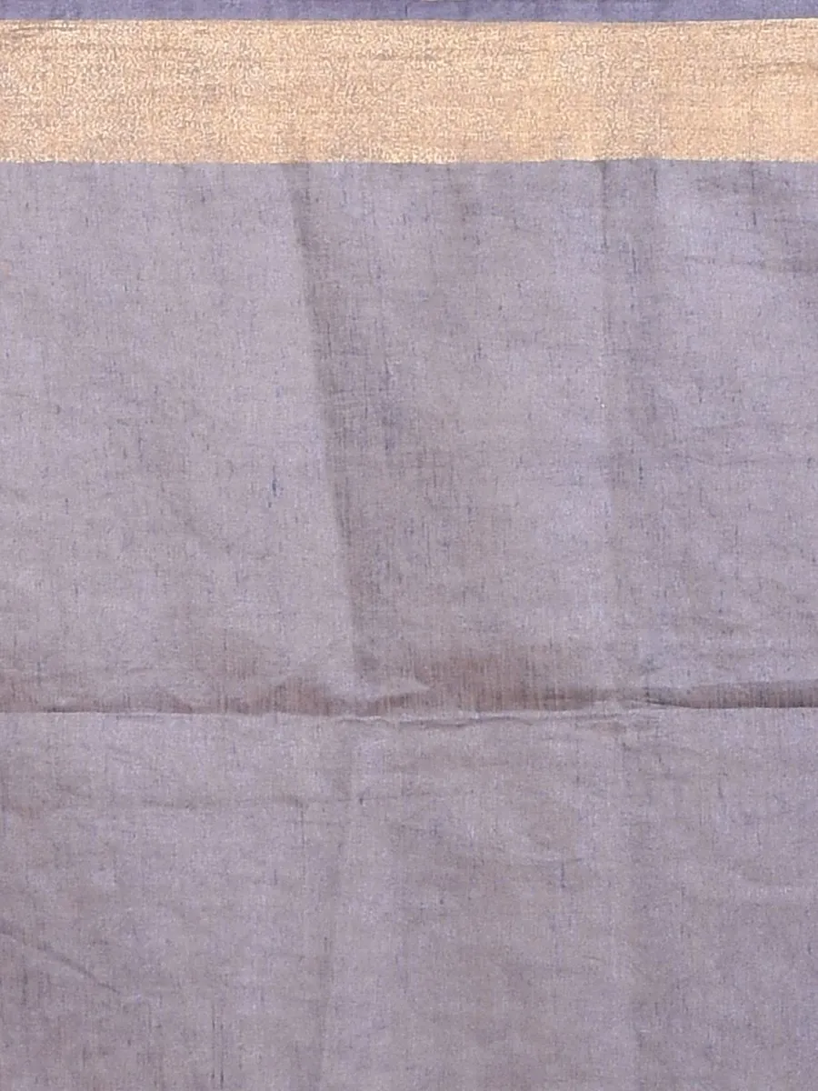Grey Linen Saree with Kolki Design Machine Embroidery and Golden Zari Border