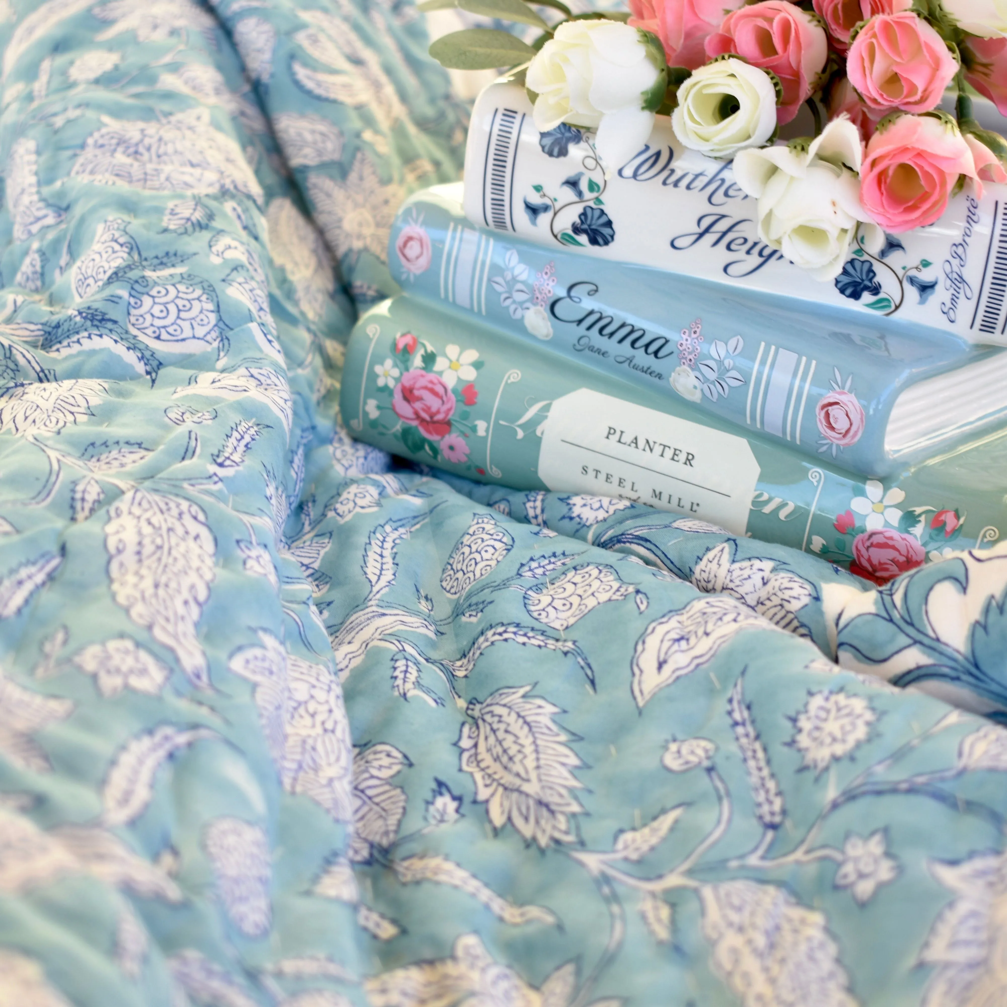 Handblock Printed Cotton Quilt - Blue (Queen)