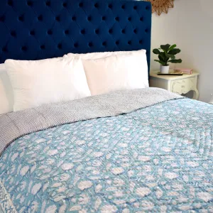 Handblock Printed Cotton Quilt - Blue (Queen)