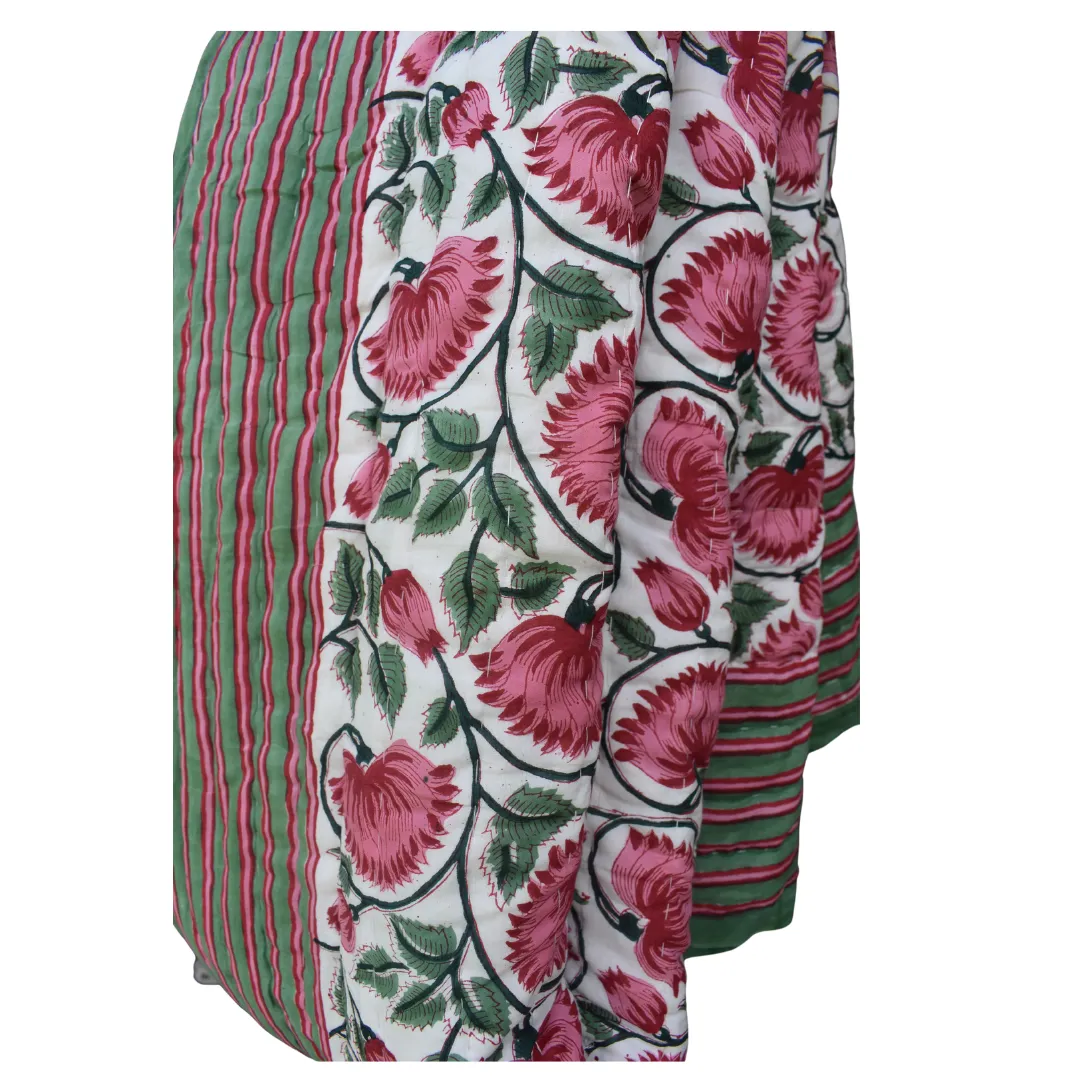Handblock Printed Cotton Quilt - Pink / Green (Queen)