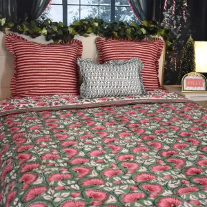 Handblock Printed Cotton Quilt - Pink / Green (Queen)