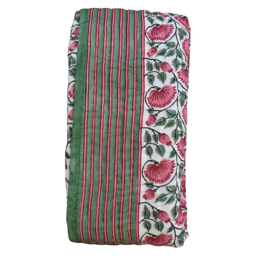 Handblock Printed Cotton Quilt - Pink / Green (Queen)