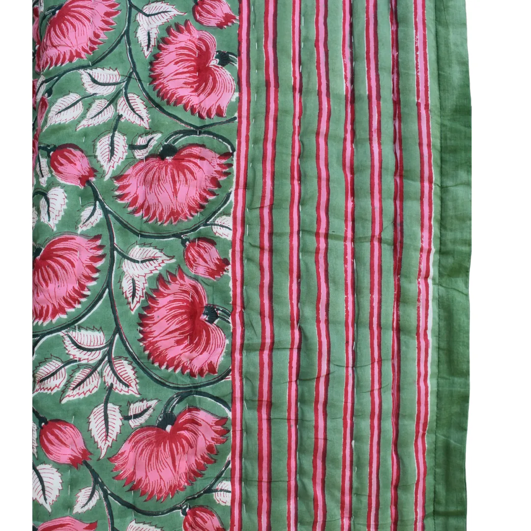 Handblock Printed Cotton Quilt - Pink / Green (Queen)