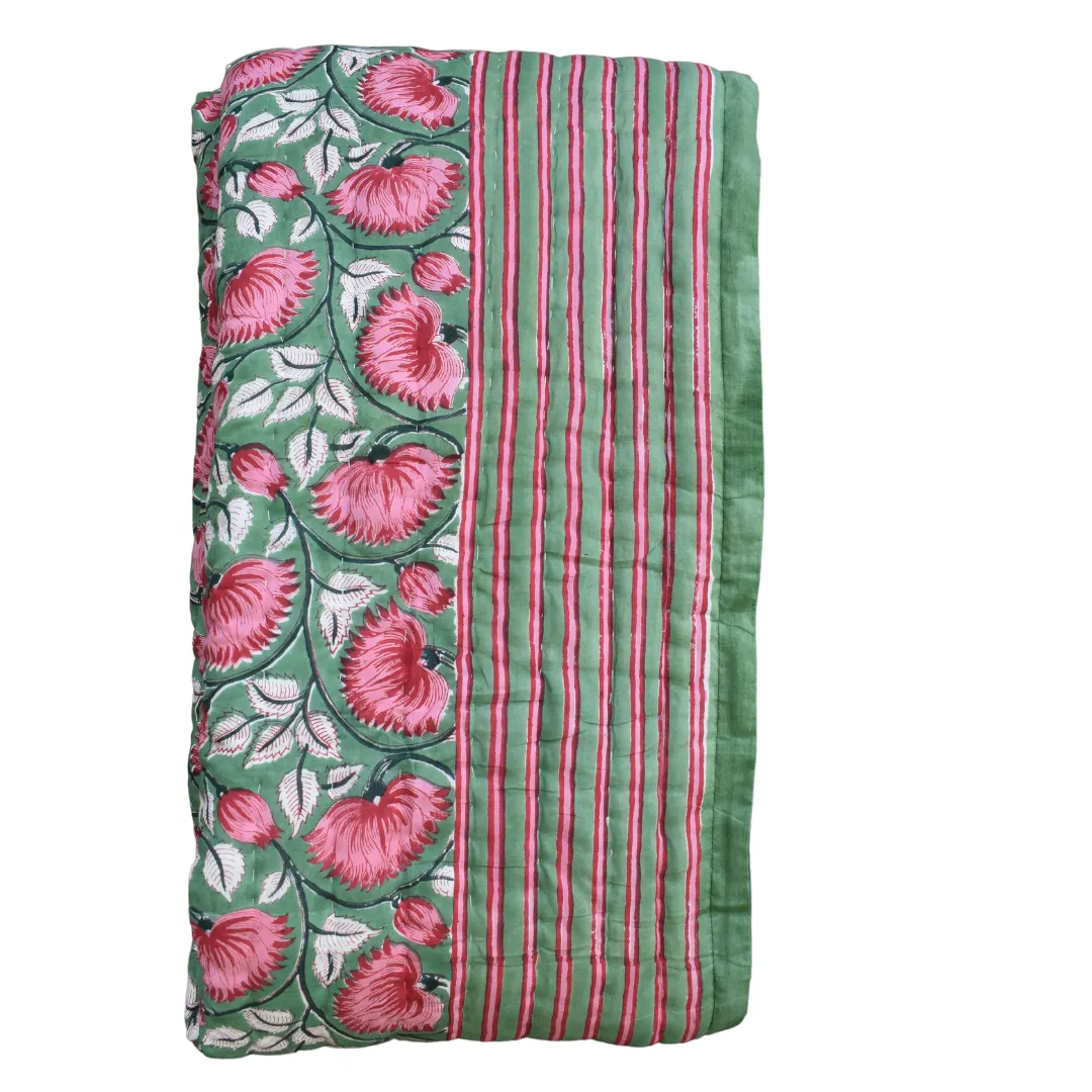 Handblock Printed Cotton Quilt - Pink / Green (Queen)