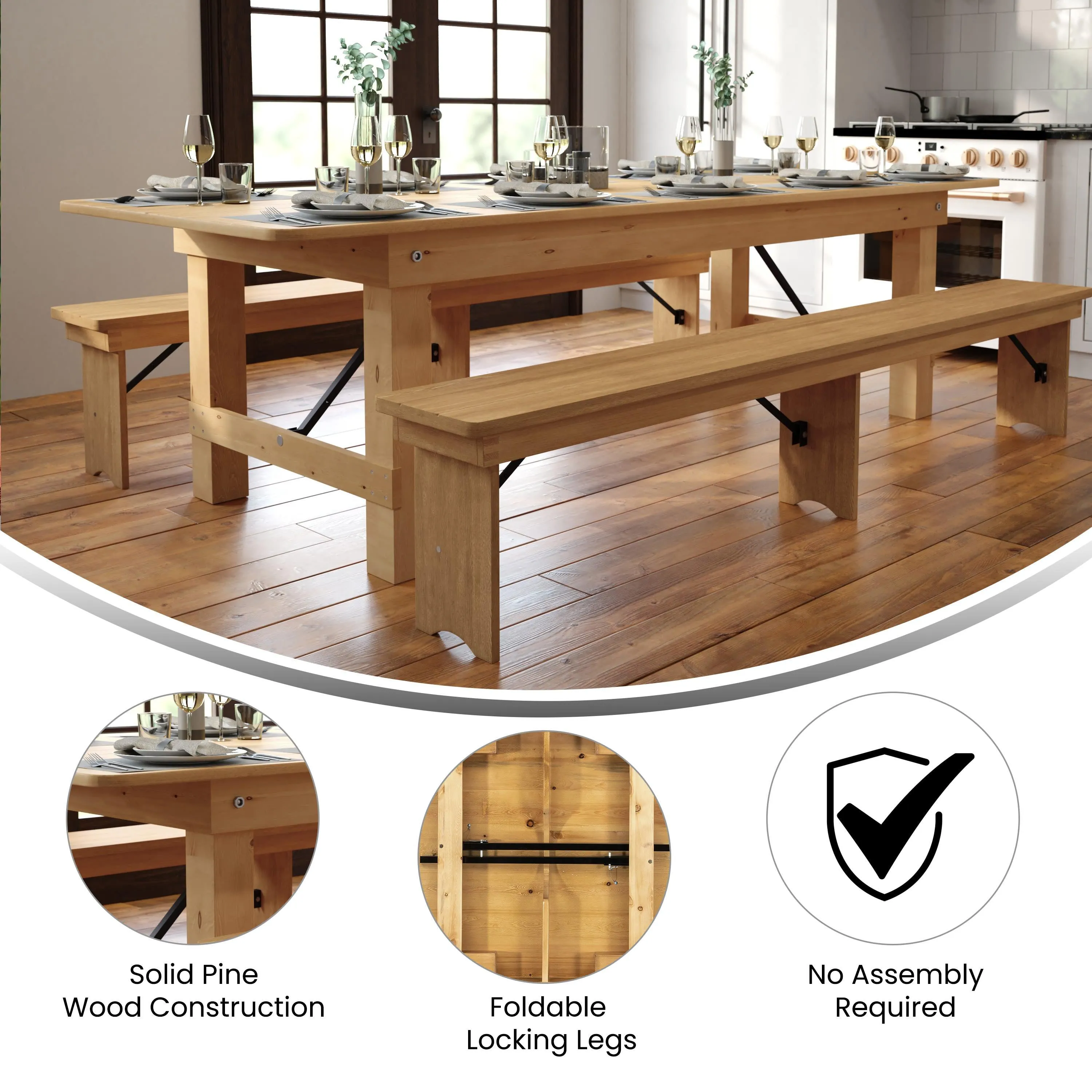HERCULES Series 9' x 40" Rectangular Solid Pine Folding Farm Table