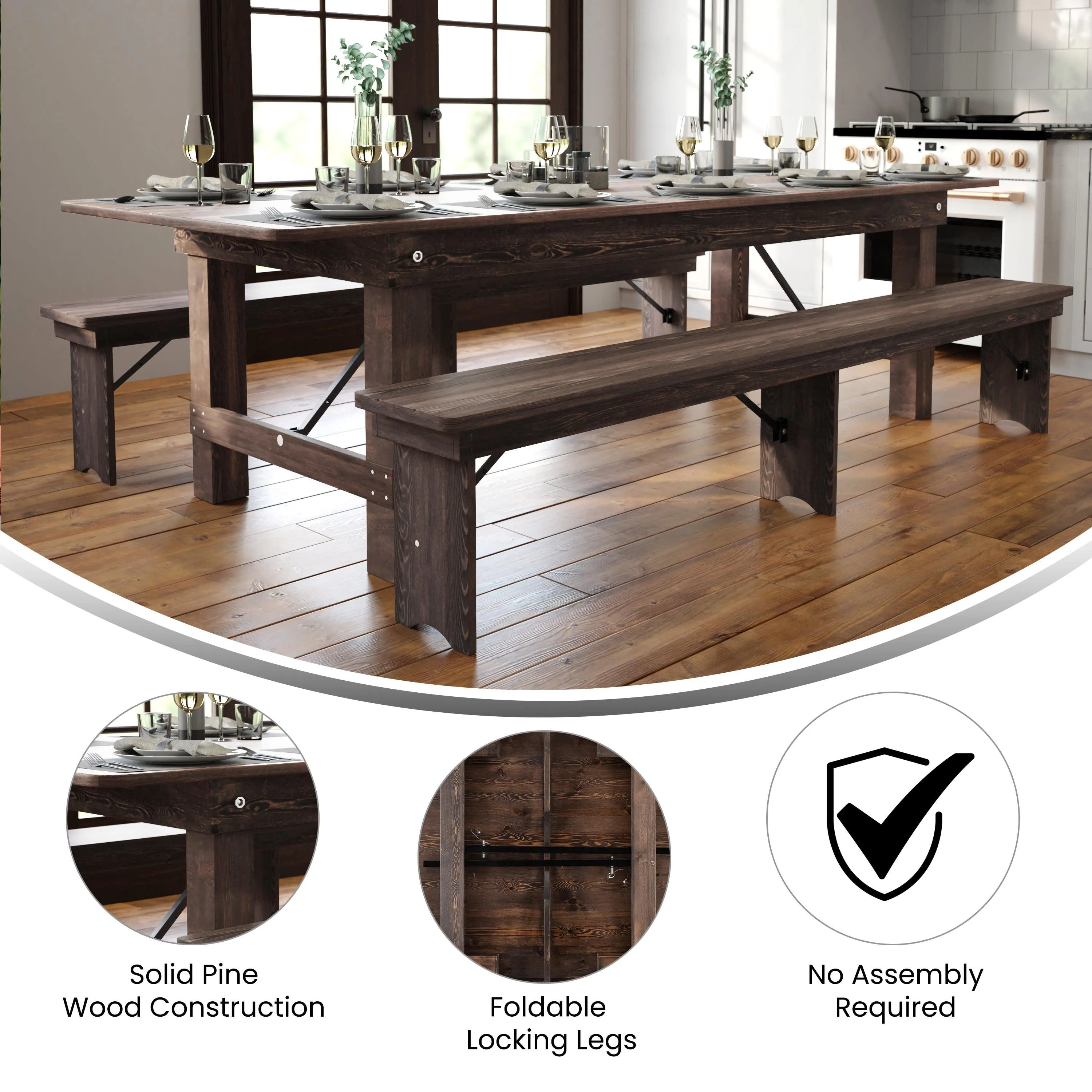 HERCULES Series 9' x 40" Rectangular Solid Pine Folding Farm Table