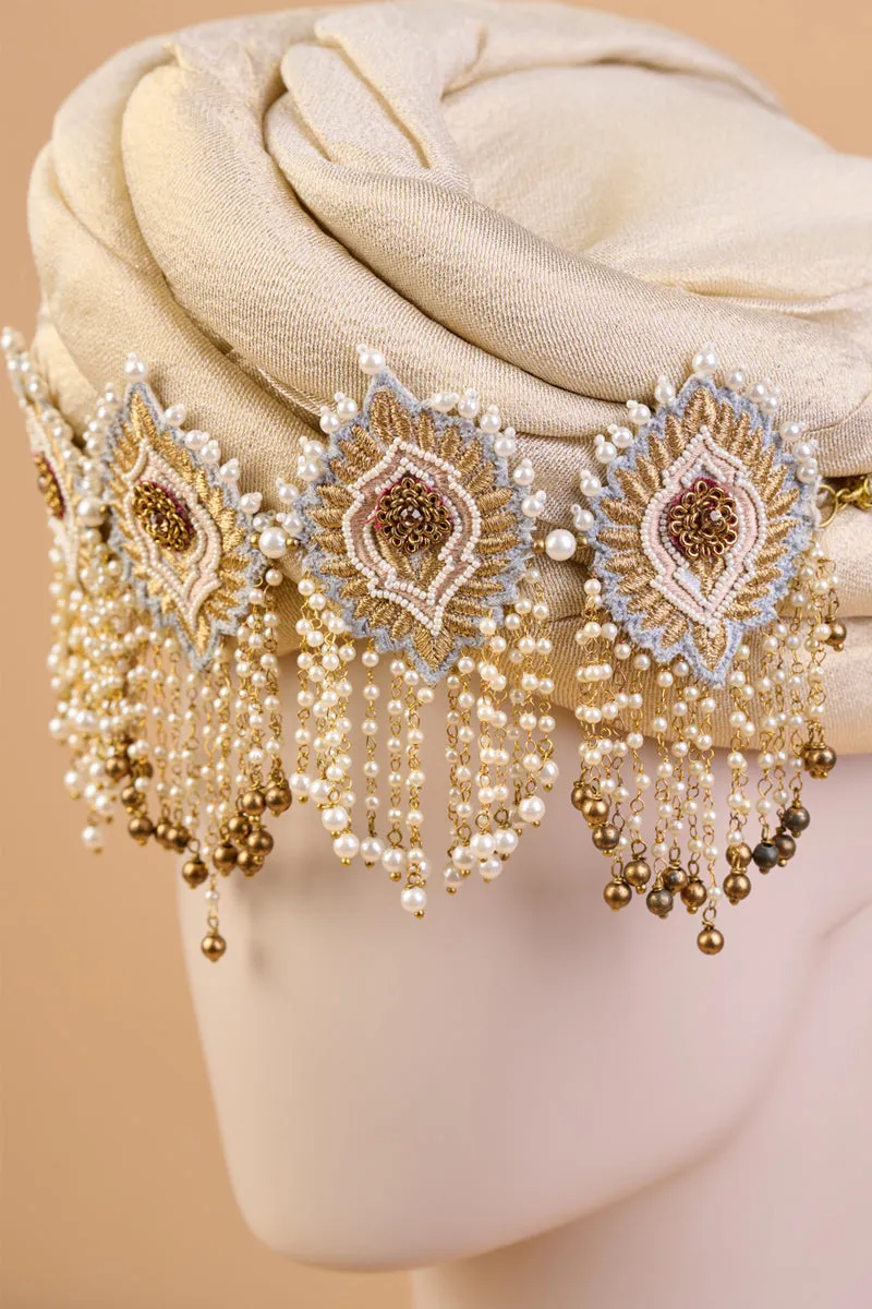 Ivory Embroidered Sehra With Drop Pearls