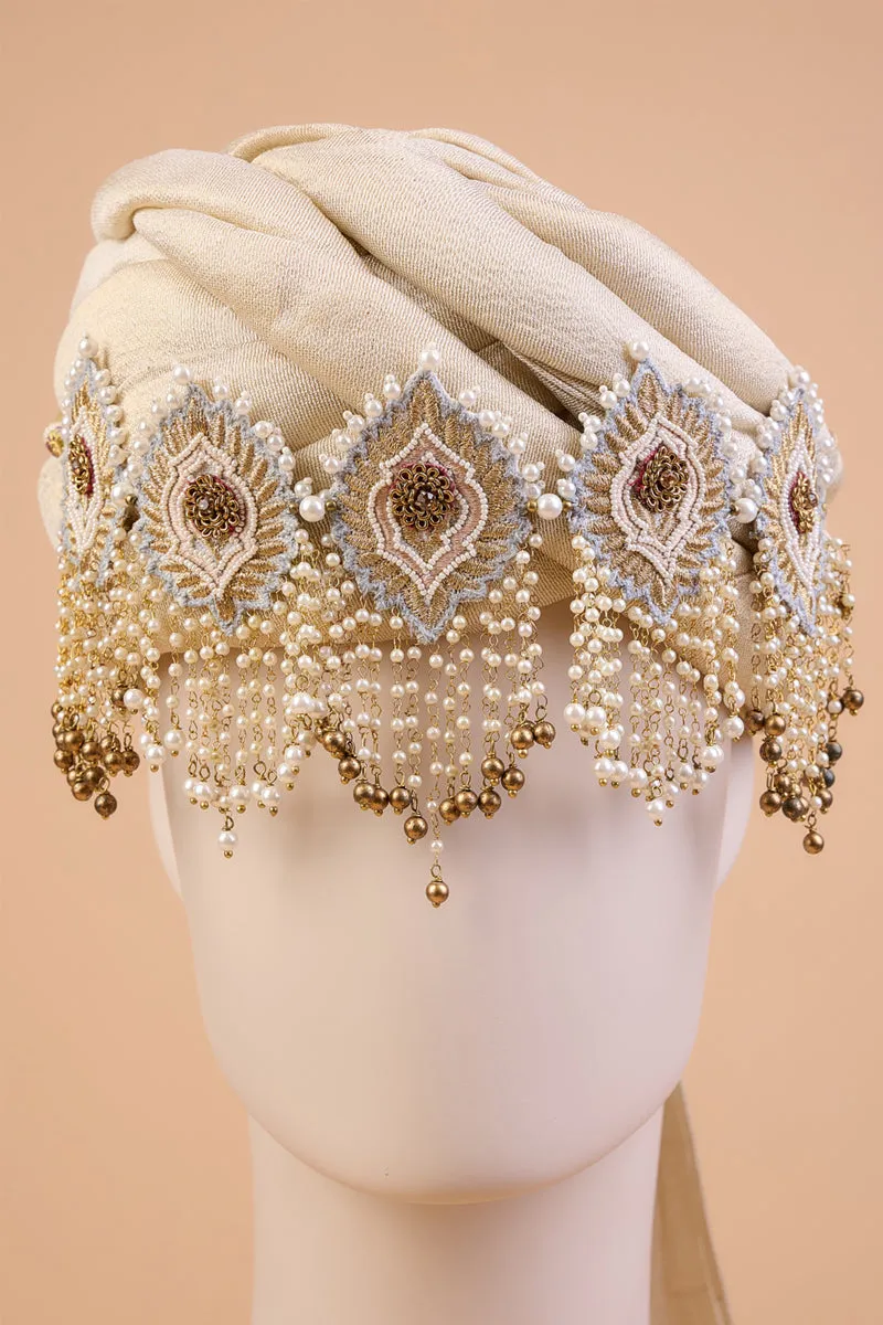 Ivory Embroidered Sehra With Drop Pearls