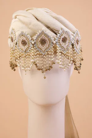 Ivory Embroidered Sehra With Drop Pearls