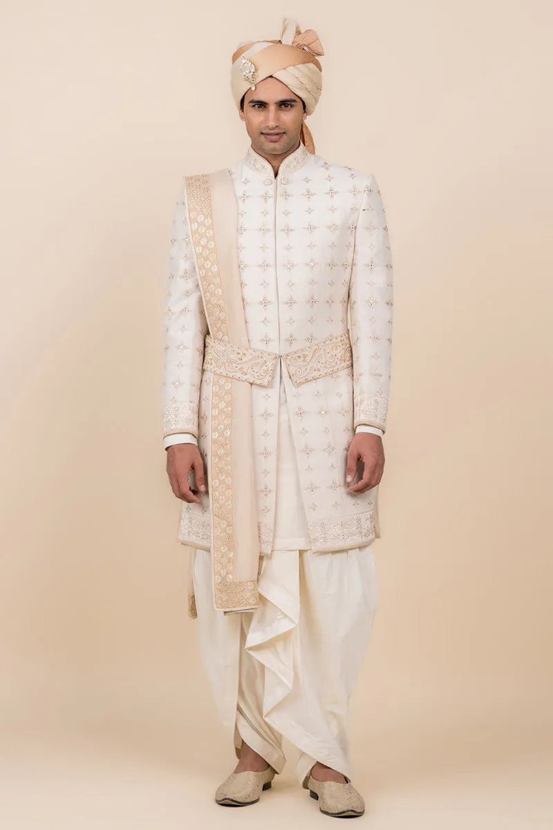 Ivory Sherwani Highlighted With Zardozi Work