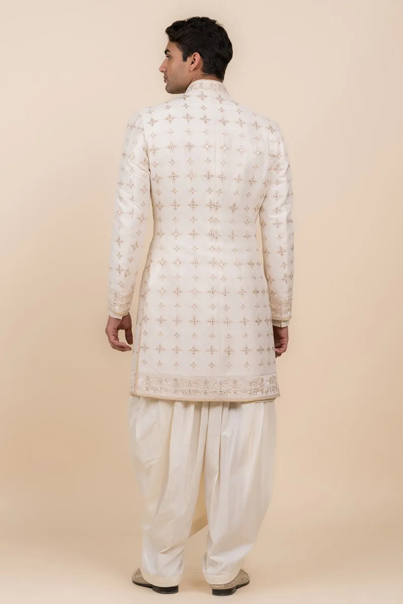 Ivory Sherwani Highlighted With Zardozi Work