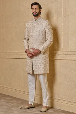 Ivory Sherwani With All Over Pitta Embroidery