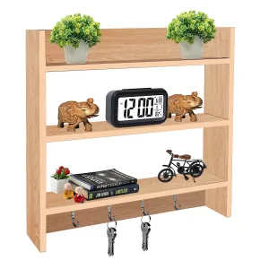 Kawachi Wooden Multipurpose Wall Mounted Bookshelf Home Decor Storage Organizer Rack with Key Hooks Beige