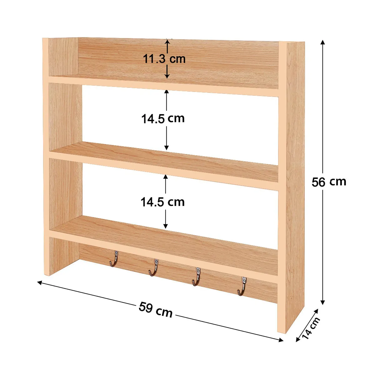 Kawachi Wooden Multipurpose Wall Mounted Bookshelf Home Decor Storage Organizer Rack with Key Hooks Beige
