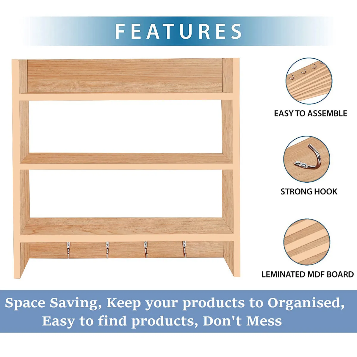 Kawachi Wooden Multipurpose Wall Mounted Bookshelf Home Decor Storage Organizer Rack with Key Hooks Beige