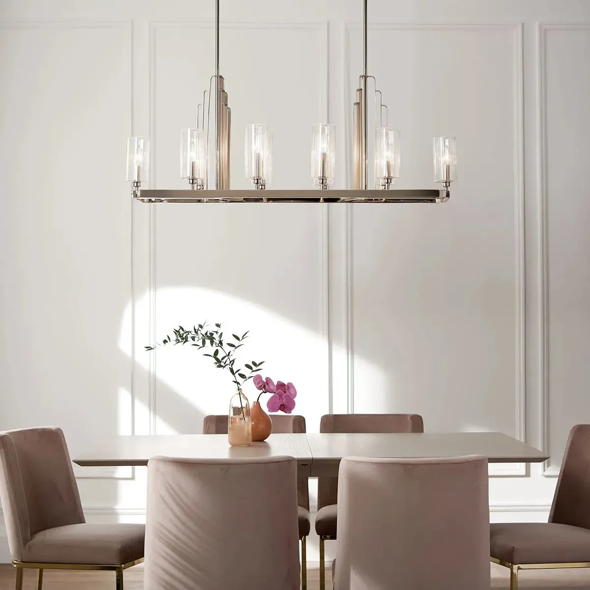 Kimrose 45" 10-Light Linear Chandelier with Clear Fluted Glass, Polished Nickel Finish