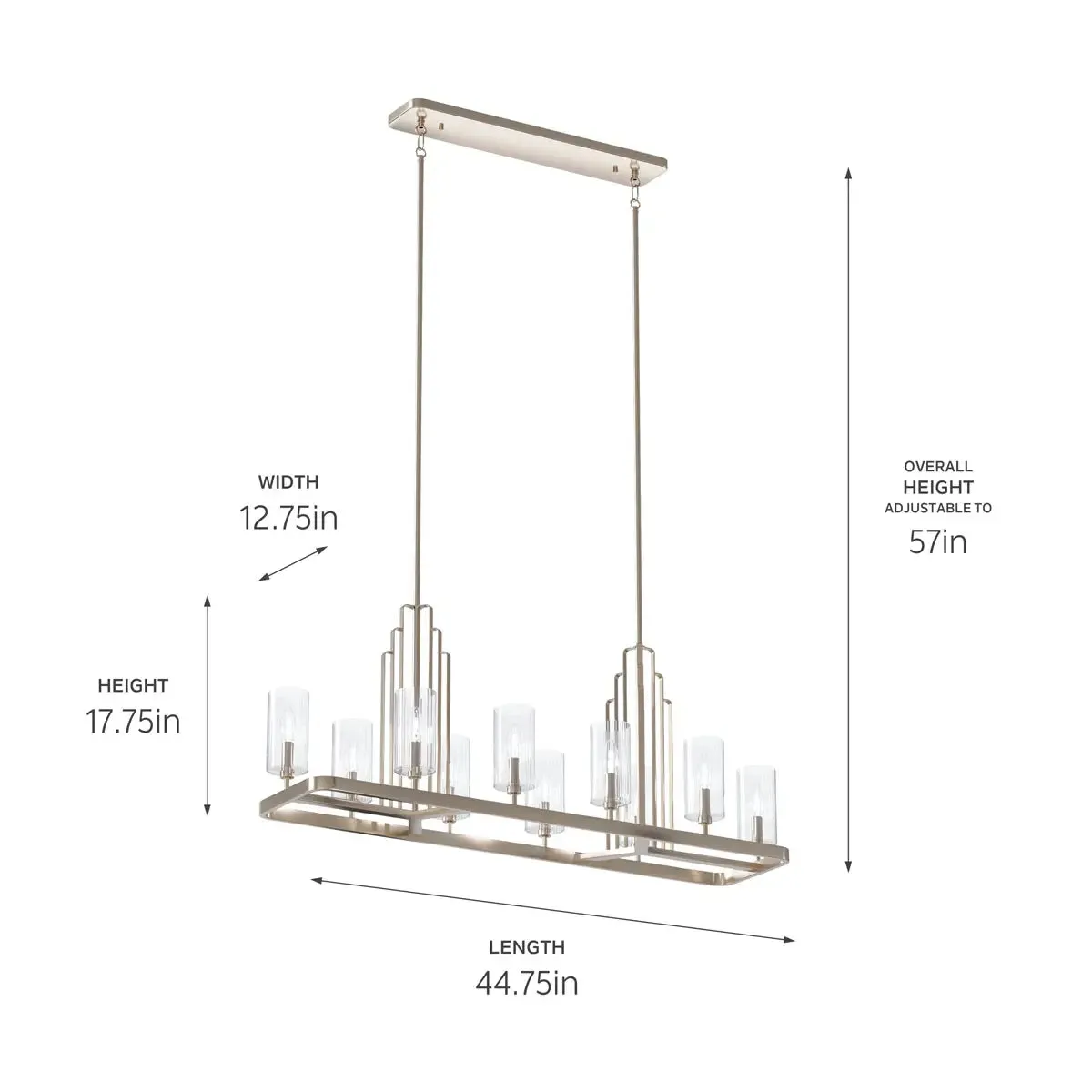 Kimrose 45" 10-Light Linear Chandelier with Clear Fluted Glass, Polished Nickel Finish