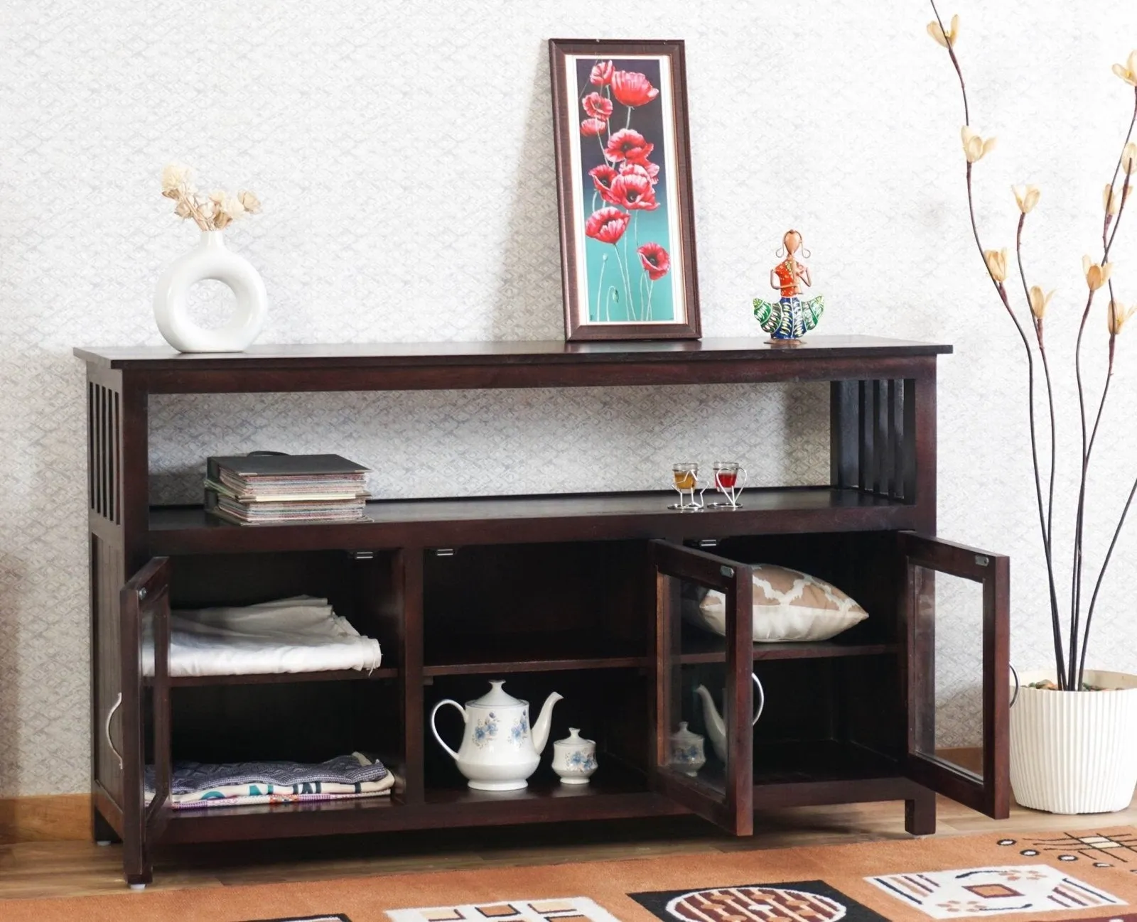Kozhikode Sheesham Wood Three Door Kitchen Crockery Cabinet