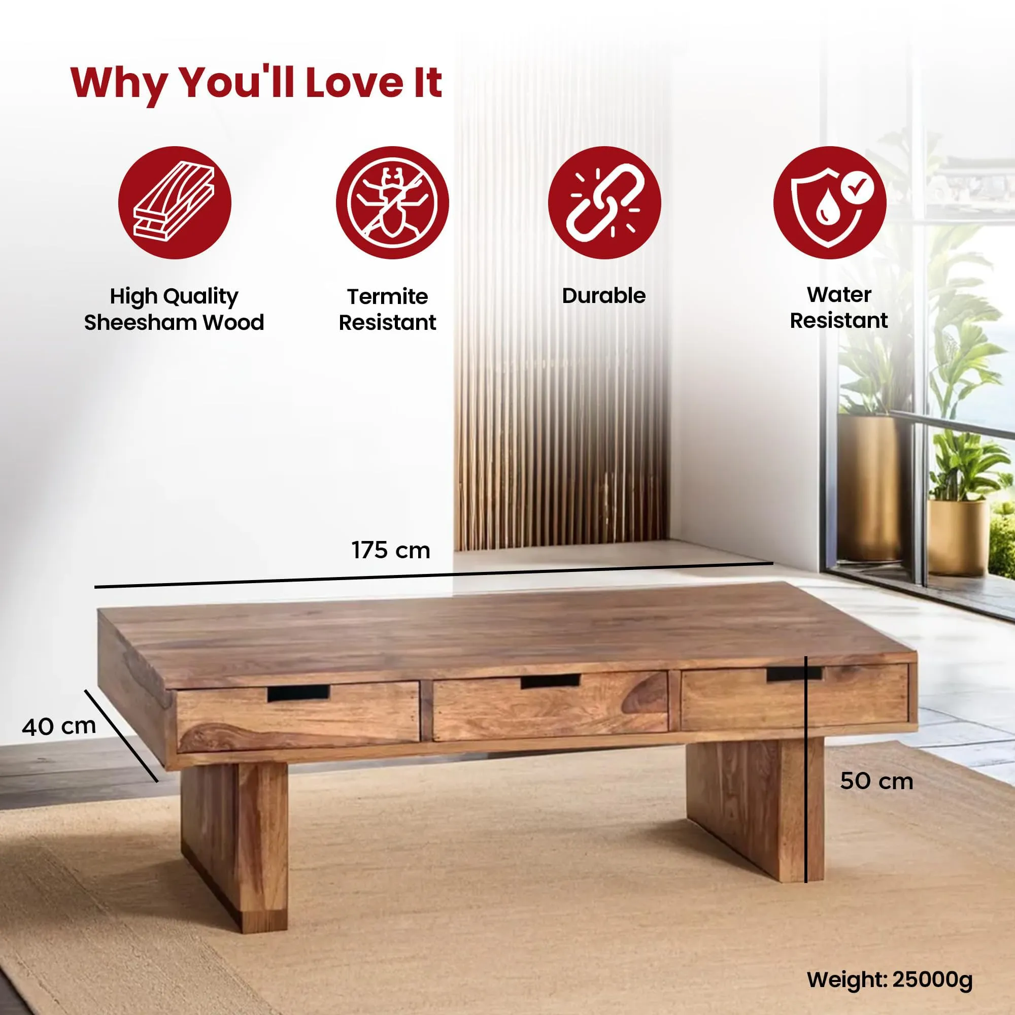 Kuber Industries Matte Finish Sheesham Wooden Center Table for Living Room | Wood Coffee Table for Living Room, Bedroom & Office with Storage | Brown