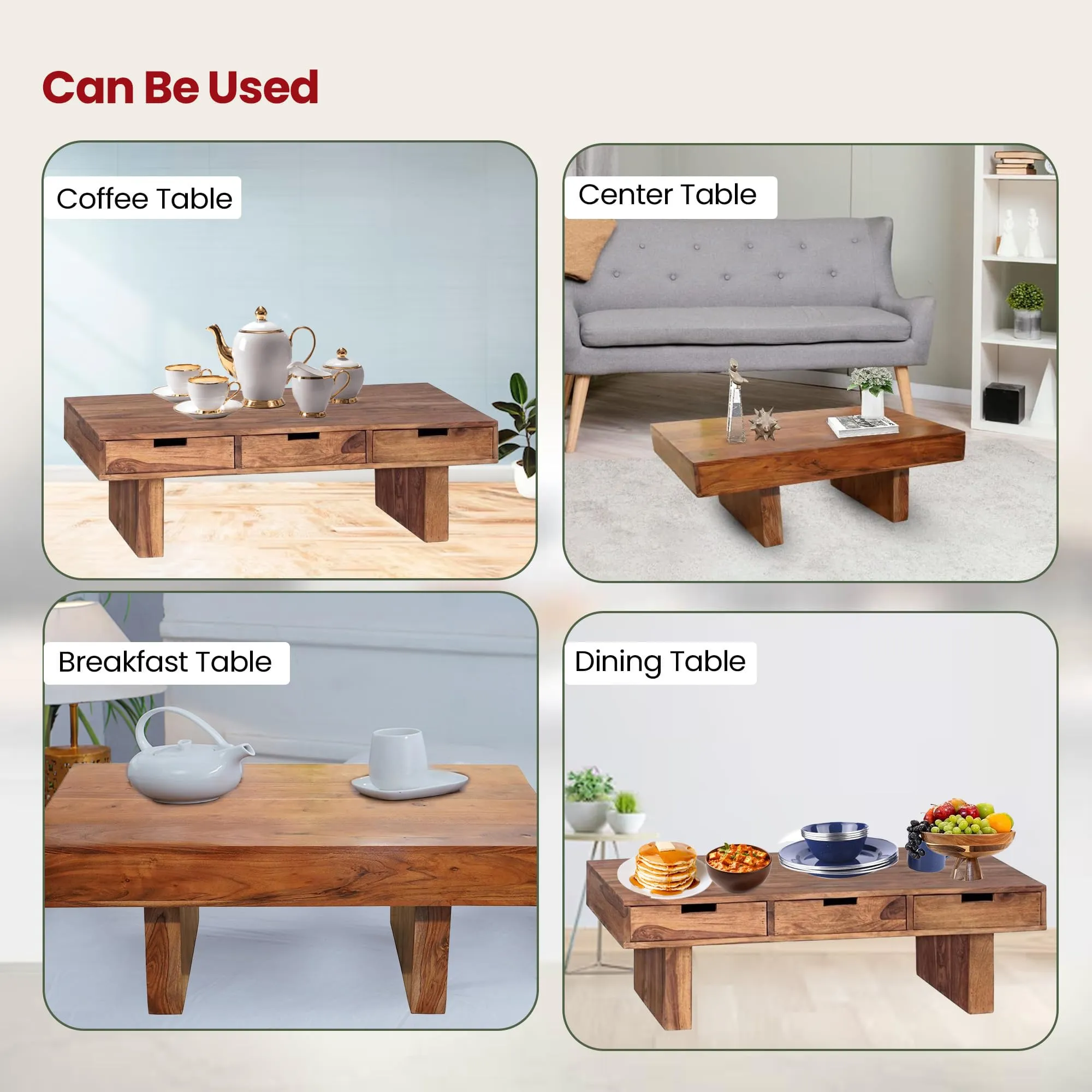 Kuber Industries Matte Finish Sheesham Wooden Center Table for Living Room | Wood Coffee Table for Living Room, Bedroom & Office with Storage | Brown