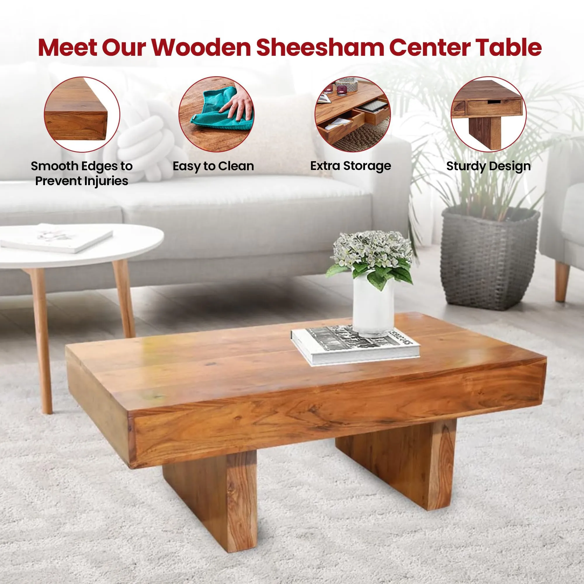 Kuber Industries Matte Finish Sheesham Wooden Center Table for Living Room | Wood Coffee Table for Living Room, Bedroom & Office with Storage | Brown