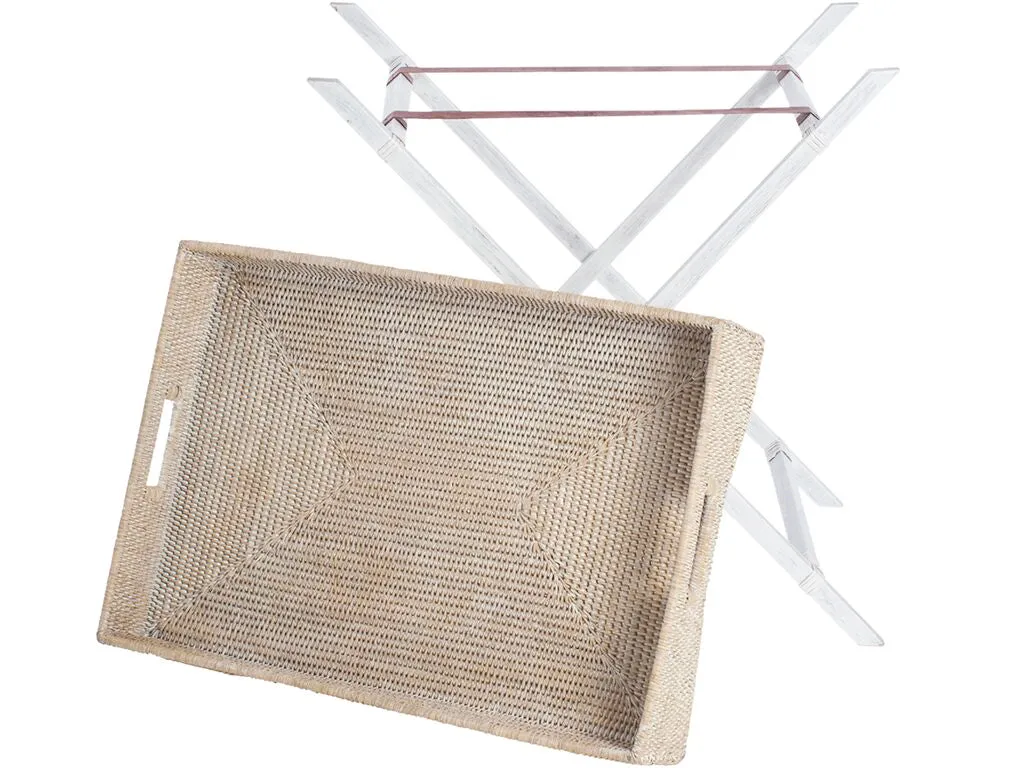 La Jolla Rattan Butler Tray with Folding Teak Wood Stand