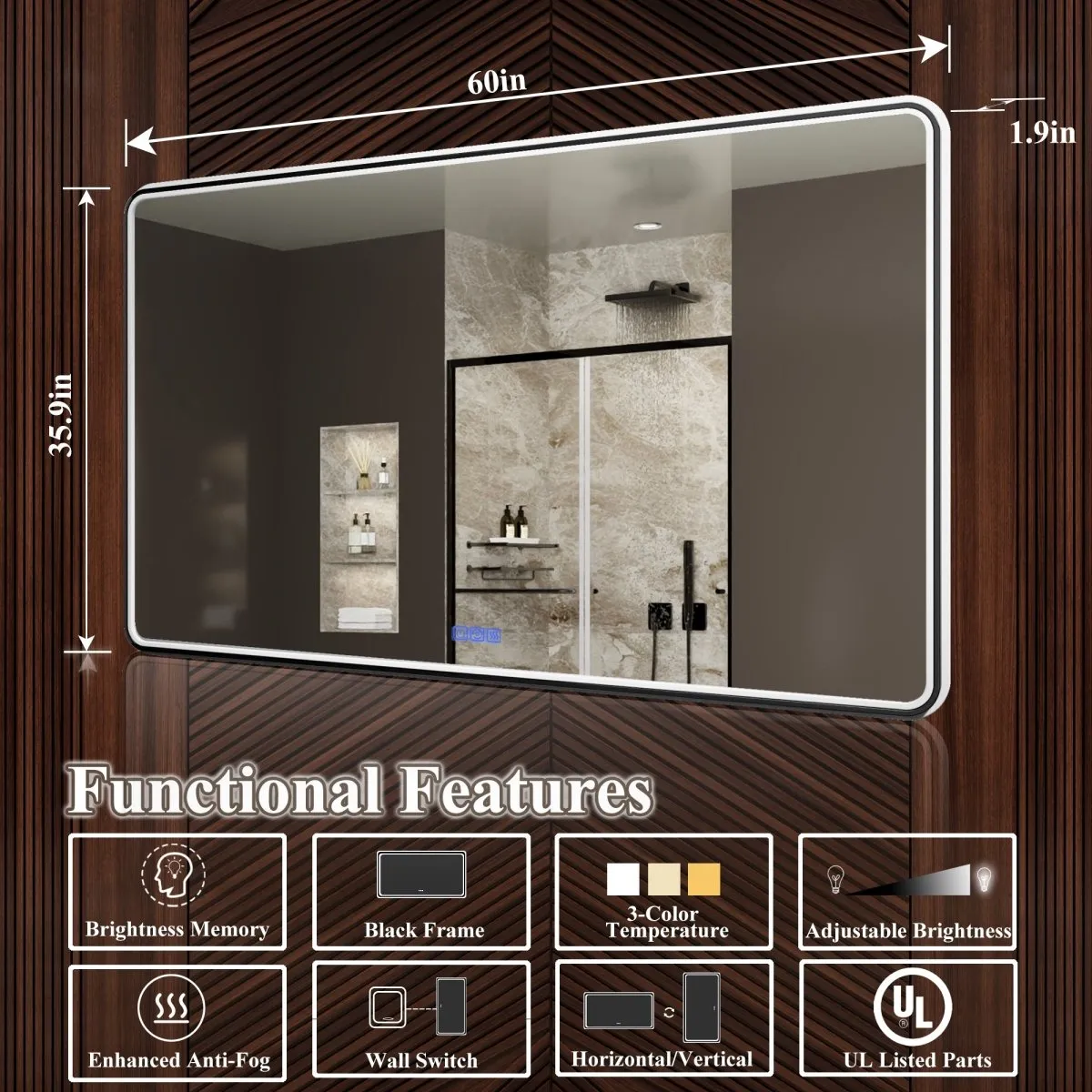 Lumina 60" W x 36" H LED Lighted Bathroom Mirror, High Illuminate, Inner&Outer Lighting,Anti-Fog, Dimmable, Black Frame with Rounded Corners