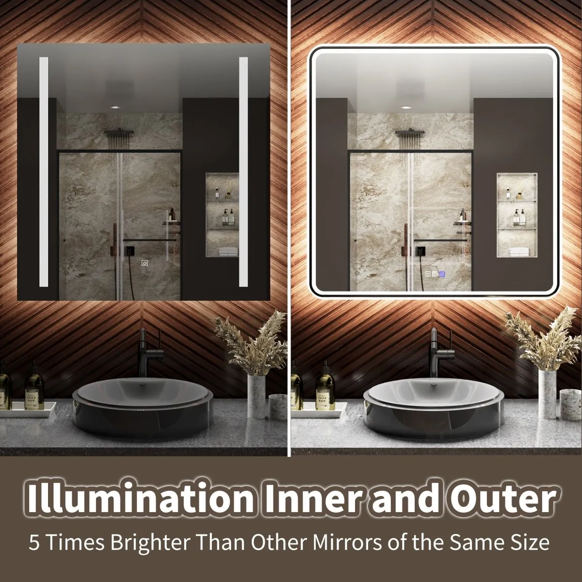 Lumina 60" W x 36" H LED Lighted Bathroom Mirror, High Illuminate, Inner&Outer Lighting,Anti-Fog, Dimmable, Black Frame with Rounded Corners