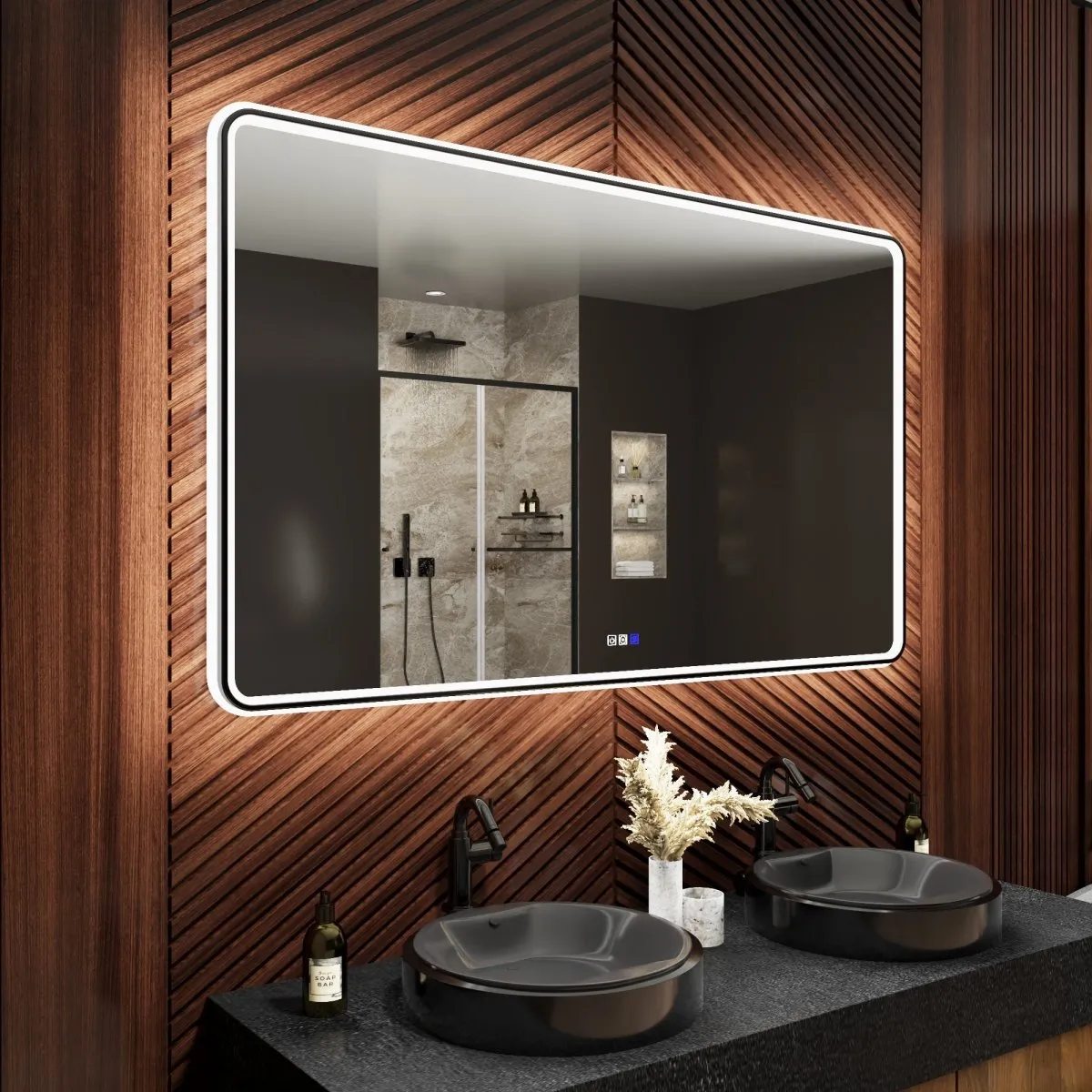 Lumina 60" W x 36" H LED Lighted Bathroom Mirror, High Illuminate, Inner&Outer Lighting,Anti-Fog, Dimmable, Black Frame with Rounded Corners